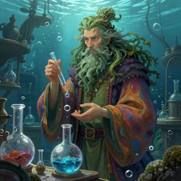 an old wizard with seaweed for hairs and beard, wearing fluent multicolored robes in an underwater alchemical laboratory. digital illustration. fantasy. detailed. waterbubbles. by artgerm, wlop, james jean, andrei riabovitchev, marc simonetti, yoshitaka amano