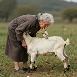a surrealist image of an old woman swallowing a whole goat