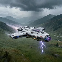 Medium sized futuristic spaceship flying on high speed through rainstorm above grassy valley with gorgeous mountain range in the background, view from above, wide shot, cinematic, dramatic volumetric lightning, epic composition, 8K Ultra HD, high detail, Octane render