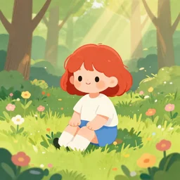 a cute young girl with short curly red hair sitting in a field of flowers, god rays are passing through the trees in the background, cute digital drawing, complementary colors
