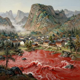 a gorgeous bad omes landscape painting by barlowe wayne maxfield parrish and marco mazzoni. china mountain village. ultra clear detailed. 3 d, octane render. turbulent blood lake.