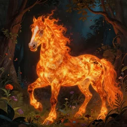 a flaming nightmare horse in a secret garden, dramatic lighting, inspired by art of larry elmore