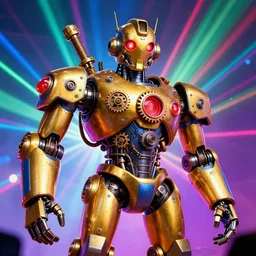 fiesta espuma amnesia ibiza, portrait photo of a giant huge golden and blue metal steampunk robot, with gears and tubes, eyes are glowing red lightbulbs, shiny crisp finish, 3 d render, 8 k, insaneley detailed, fluorescent colors, background is multicolored lasershow