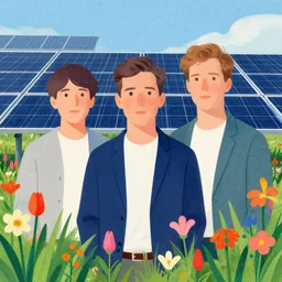 portrait of field solar panels flowers growing between, colorful, modern art deco, mads berg, karolis strautniekas, christopher balaskas, stippled light, fog, moody, fine texture, editorial illustration, dramatic lighting, dynamic composition, detailed, matte print, dynamic perspective, muted color, anime visual