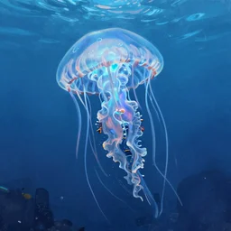Panorama hyper detailed painting of a cyberpunk jellyfish, blue tones, underwater, 8 mm, highly detailed, digital painting, artstation, concept art, smooth, sharp focus, illustration, art by artgerm and greg rutkowski and alphonse mucha W 2000