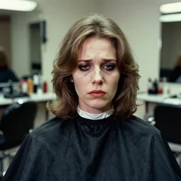 an analog photo of a 1970s woman, sad, with horrible farrah fawcett in a barber shop
