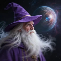 artwork of wizard, white beard, with purple hat with a golden line across his hat whilst in space, on the right side of a distant planet nebula floating behind the planet, lens zoomed in, ethereal motion blur focusing on the wizard, detailed