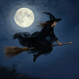 witch flying with a broom, trough the night, fantasy, full moon in background. highly detailed painting by gaston bussiere, craig mullins, j. c. leyendecker 8 k