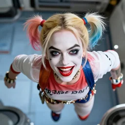 photo of Margot Robbie as Harley Quinn floating in the iss, highly detailed skin and face, 8k