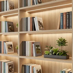 bookshelves with led strip lights under each shelf, up close, homes and gardens, super detailed render, award winning,