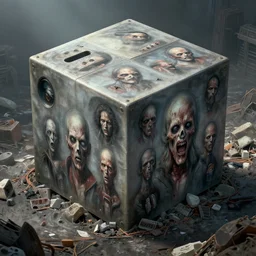 airbrushed cube with fuselage in disgusting garbage pit by jack kirby, kelly freas, peter mohrbacher, donato giancola, geof darrow, alex ross, basil gogos, philippe druillet, fine art masterpiece baked at 3 0 0 f, matte painting, cold lighting, aged with sunlight, award winning horror, photorealistic render, cinematic