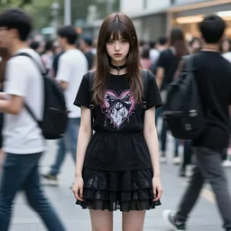 Young cute serious beautiful kawaii goth caucasian girl standing still looking on camera motionless amidst a busy crowd of fast moving people in front, fashion photography