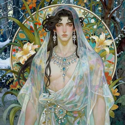 portrait, male god, diaphanous robes, shawl, veil, androgyny, pale skin, long dark hair, beautiful, lush flora, vibrant winter forest background, elaborate crystal jewelry, earrings, artstation, ilya kuvshinov, alphonse mucha, ruan jia, rossdraws, greg rutkowski, illustration, realistic