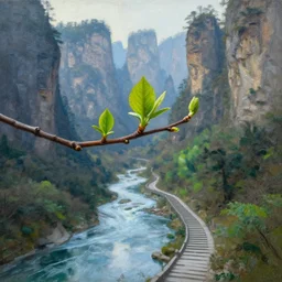 a gorgeous painting by barlowe wayne maxfield parrish and marco mazzoni. close - up shot on a branch with just 3 new leaves!! zhangjiajie temple!! morning, light effect. grey blue and verdancy. river ice is melting. winding stone steps. ultra clear detailed. hd. 3 d, octane render. 8 k