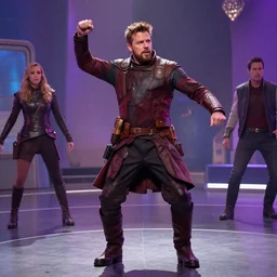 film still of star - lord played by chris pratt dancing in a disco in the new guardians of the galaxy movie, 4 k