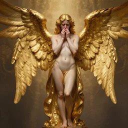 wide angle full body portrait of an angel with a perfect face and perfect body crying, golden wings, intricate, highly detailed, digital painting, artstation, concept art, smooth, sharp focus, illustration, Unreal Engine 5, 8K, art by artgerm and greg rutkowski and alphonse mucha