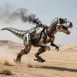 action photography, award winning photo of an ultra ultra detailed intricate steampunk robotic smoky dinosaur running very very very fast in the sand, fast shutter speed, motion blur, tiny gaussian blur, highly detailed, highly intricate, depth of field, national geographic