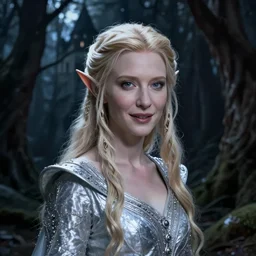 portrait of mischievous, enigmatic!!, dangerous young Galadriel (Cate Blanchett) as a queen of elves, dressed in a refined silvery garment. The background is a dark, chilling eastern european forrest.  night, horroristic shadows, higher contrasts, (((lumnious))), theatrical, character concept art by ruan jia, (((thomas kinkade))), and J.Dickenson, trending on Pinterest, ArtStation
