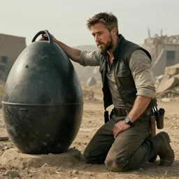 ryan gosling in fallout 4 kneels near a nuclear bomb