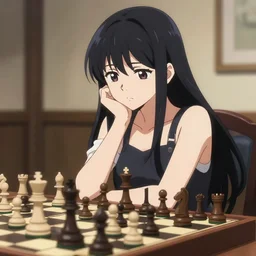 anime art of long black hair anime girl pondering next to a chess set, official art