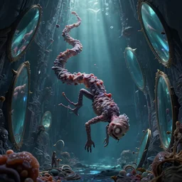 undigested organism writhing witching in the deep breath before the plunge into treacherous possessed mirrors ringing a claustrophobic space designed by Larry Elmore Kerlaft and Pixar, photorealistic, 3d render, award winning render, unreal engine, octane render, studio lighting, 8k, hd