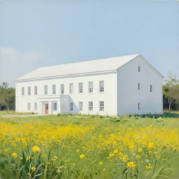a painting of a big white building in the meadow, with yellow flowers around it