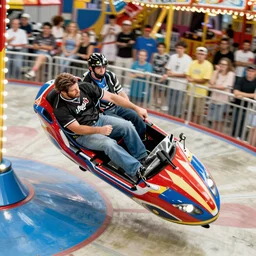 death grips riding tilt - a - whirl at a carnival, mc ride, zach hill, andy morin, in the style of jim burns