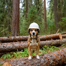 dog wearing hard hat in clear cutting logging operation, old growth forest,