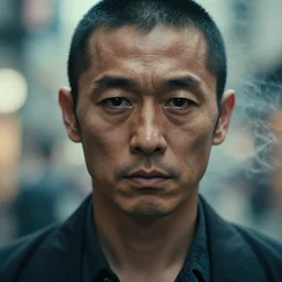 realistic photography of a underdrug japanese yakuza man 3 5 years old with a bit of bear, short hair, few wrinkles around eyes, sexy, cinematographic, street photography in tokyo, cinematic light, close up view, grainy image, intense, colorize, smoke and fog around, 5 0 mm lens