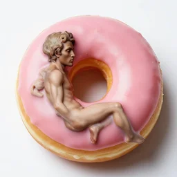 pink frosted donut in the style of saturn devouring his son by francisco goya