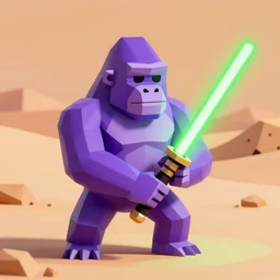 purple gorilla using a green light saber in the desert comics style, low poly render - n 5