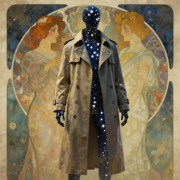 humanoid made of stars wearing a trenchcoat, abstract background, alphonse mucha, rhads, ross tran, artstation, artgerm, octane render, 1 6 k