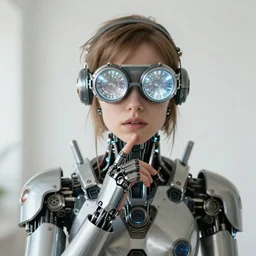 centered portrait of soulful young brooke burke as a solarpunk mecha humanoid robotic parts wearing crystal goggles with bright led lights, real human face, pudica gesture bouguereau style, in white room, ultra - realistic and intricate, soft portrait shot 8 k