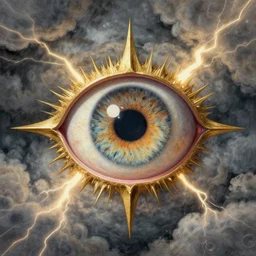 an detached mystical hazel eyeball, symmetrical frame, lightning, moody clouds, maximalist, gold, art by ilya kuvshinov, rossdraws, * christy lee rogers * ( with help of mario testino and peter lindbergh ), sharp focus, mirrors, art by wlop and artgerm, trending on artstation, extreme detail, detailed drawing