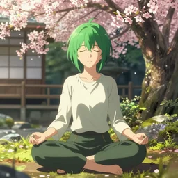 anime key visual of a woman with short green hair meditating near a japanese spring by ilya kuvshinov