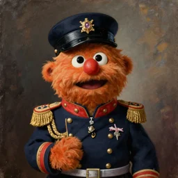 “Oil painting by Rembrandt of Oscar the Grouch wearing a military officer’s uniform.”