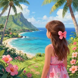 A detailed and intricately painted scene of a girl looking at a beautiful Hawaiian landscape of flowers and clear blue waters, featured on ArtStation, trending on ArtStation, cgsociety, trending on 500px, deviantart