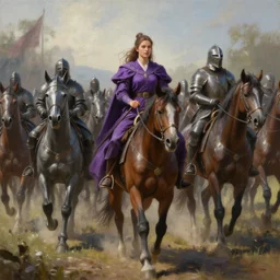 painting of lady in purple leading an army of riding knights, hyper - realistic, unreal engine, octane render, digital art, trending on artstation, 8 k, detailed, atmospheric, immaculate
