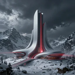 futuristic atmosphere in the snowy mountains dolomites 3 d concept art, red lasers, cinematic lighting, rule of thirds, depth of field, intricate details, building by zaha hadid, stormy weather, emissary space by arthur haas and bruce pennington and john schoenherr, cinematic matte painting, dark moody colors, trending on artstation, featured on behance
