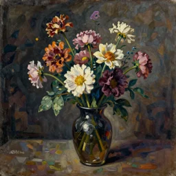 a painting of a vase with flowers in it, a still life by julian schnabel, cgsociety, tonalism, calotype, grotesque, oil on canvas