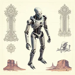 isometric anatomy of the terminator, robot, cyborg, t100, diagrams, mystical, intricate ornamental tower floral flourishes, technology meets fantasy, map, infographic, concept art, art station, style of monument valley, giger, wes anderson