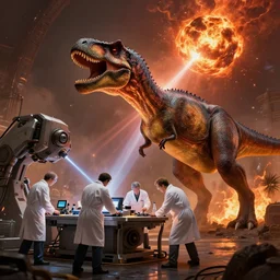 dinosaur scientists in lab coats developing a machine to destroy the incoming meteor with lasers, concept art, ultra realistic, digital painting, fiery, cinematic, 4 k hdr, highly detailed