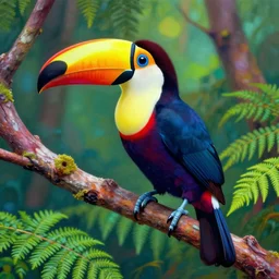 a colorful toucan bird on a tree by henri rousseau, fern forest, 4 k, hyper detailed, psychedelic art, acid pixie