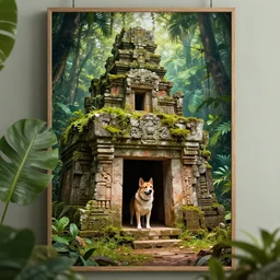canine adventurer exploring ancient ruins of a jungle temple dog house, poster art