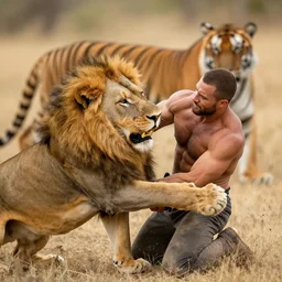 a man with a lion, a man playing with a lion, there is a tiger in the background