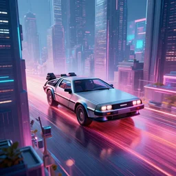 delorean in a cyberpunk city with skyscrapers, shot taken from far away, artstation award winner, digital art, volumetric lighting, neon colors, octane render