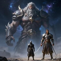 a celestial giant Vs a small worrior, character design, trending on artstation, Fantasy, realistic, unreal engine,