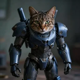 cat in a mecha armor, moody lighting, 8 k, shallow depth of field, cinematic lighting,