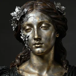 hyperrealism close - up mythological portrait of an exquisite medieval woman's shattered face partially made of silver flowers in style of classicism, bronze skin, wearing black dress, dark palette