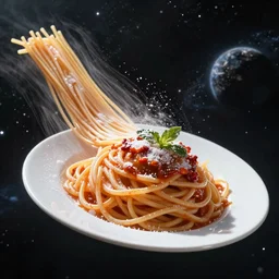 a plate of spaghetti frozen flying through space close to the speed of light, space, stars, spaghetti